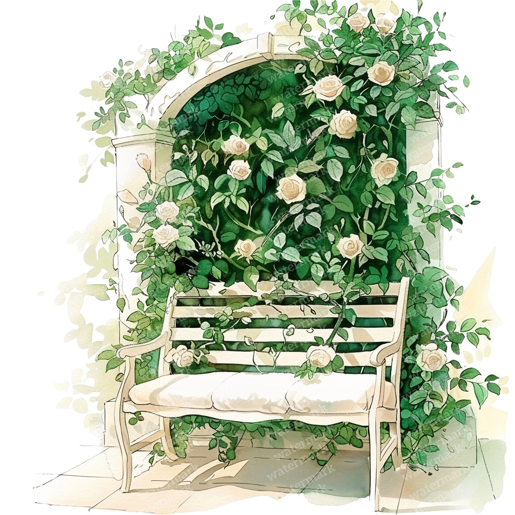 【商用利用可】白いガーデンベンチ(水彩ホワイトベンチ)クリップアート15点セット|高解像度・透過PNG|庭・ナチュラルガーデン|コラージュ・ジャンクジャーナル素材|即ダウンロード