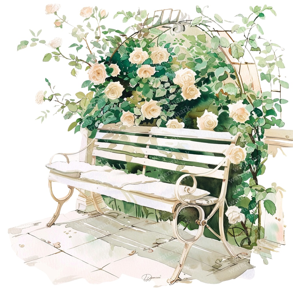 【商用利用可】白いガーデンベンチ(水彩ホワイトベンチ)クリップアート15点セット|高解像度・透過PNG|庭・ナチュラルガーデン|コラージュ・ジャンクジャーナル素材|即ダウンロード