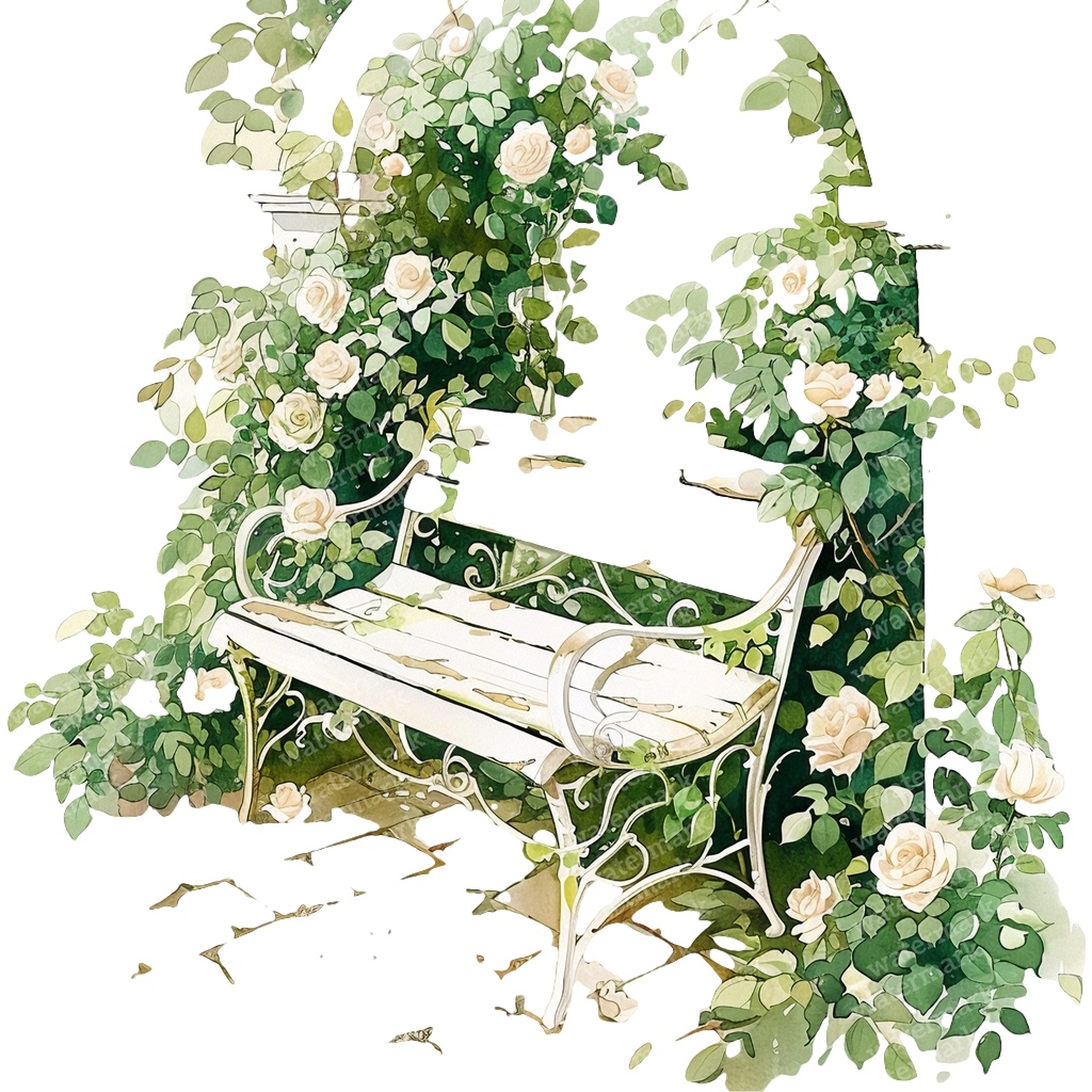 【商用利用可】白いガーデンベンチ(水彩ホワイトベンチ)クリップアート15点セット|高解像度・透過PNG|庭・ナチュラルガーデン|コラージュ・ジャンクジャーナル素材|即ダウンロード