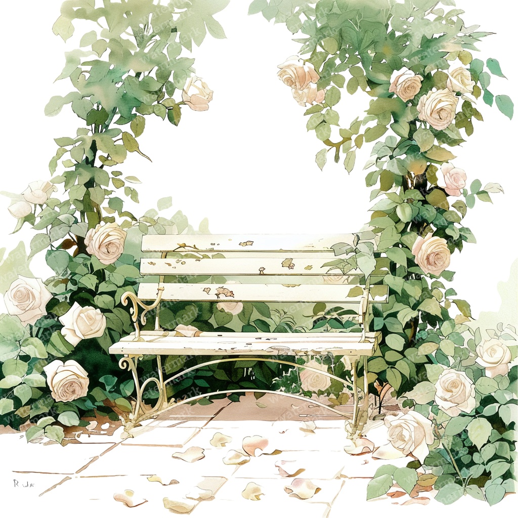 【商用利用可】白いガーデンベンチ(水彩ホワイトベンチ)クリップアート15点セット|高解像度・透過PNG|庭・ナチュラルガーデン|コラージュ・ジャンクジャーナル素材|即ダウンロード