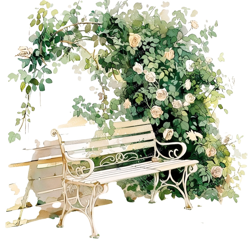 【商用利用可】白いガーデンベンチ(水彩ホワイトベンチ)クリップアート15点セット|高解像度・透過PNG|庭・ナチュラルガーデン|コラージュ・ジャンクジャーナル素材|即ダウンロード