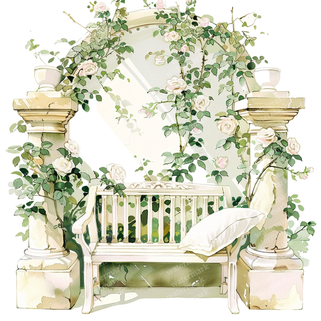 【商用利用可】白いガーデンベンチ(水彩ホワイトベンチ)クリップアート15点セット|高解像度・透過PNG|庭・ナチュラルガーデン|コラージュ・ジャンクジャーナル素材|即ダウンロード