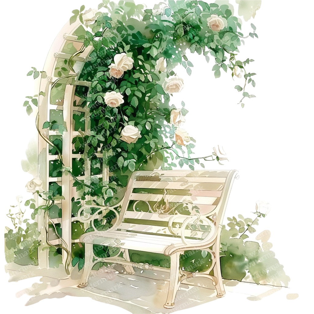 【商用利用可】白いガーデンベンチ（水彩ホワイトベンチ）クリップアート15点セット｜高解像度・透過PNG｜庭・ナチュラルガーデン｜コラージュ・ジャンクジャーナル素材｜即ダウンロード