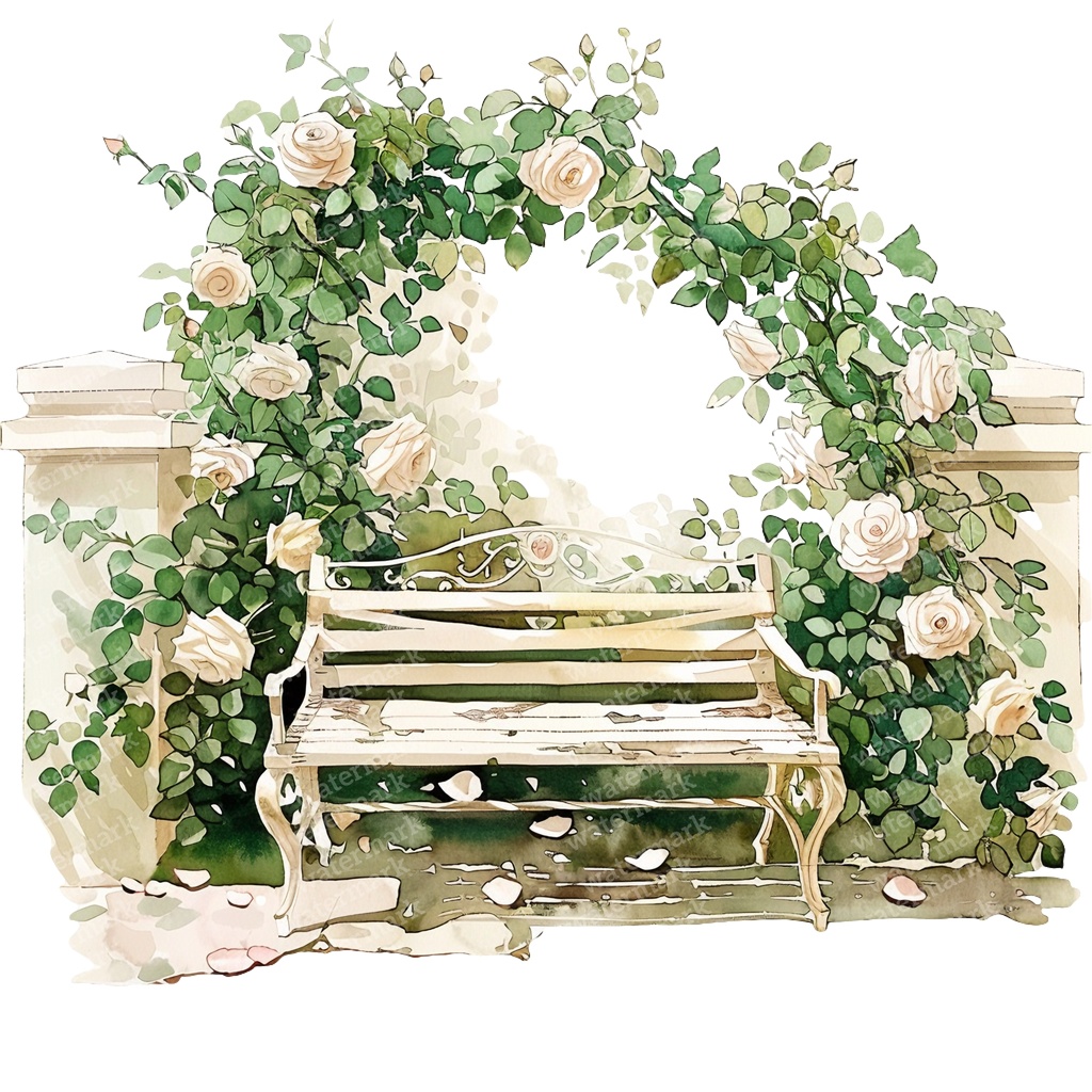 【商用利用可】白いガーデンベンチ(水彩ホワイトベンチ)クリップアート15点セット|高解像度・透過PNG|庭・ナチュラルガーデン|コラージュ・ジャンクジャーナル素材|即ダウンロード