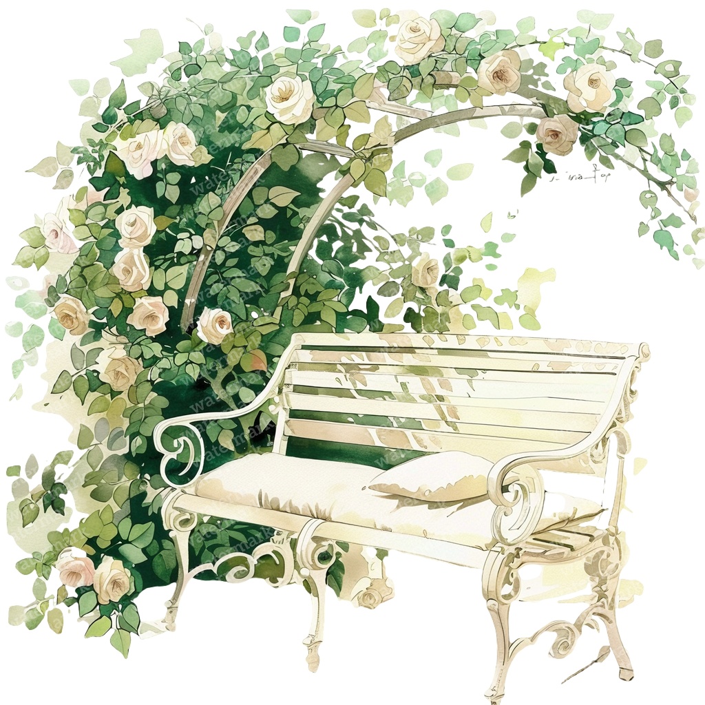 【商用利用可】白いガーデンベンチ(水彩ホワイトベンチ)クリップアート15点セット|高解像度・透過PNG|庭・ナチュラルガーデン|コラージュ・ジャンクジャーナル素材|即ダウンロード