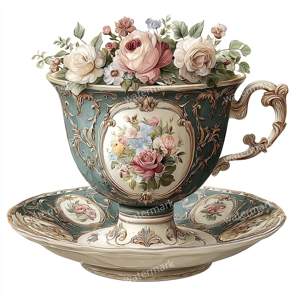 【商用利用可】アンティークロココ調ティーカップ（水彩ヴィンテージカップ）クリップアート20点セット｜高解像度・透過PNG｜紅茶・エレガント素材｜コラージュ・ジャンクジャーナル・手帳シール素材｜即ダウンロード