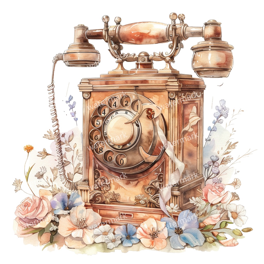 【商用利用可】ヨーロッパ風アンティーク電話(水彩ヴィンテージテレフォン)クリップアート13点セット|高解像度・透過PNG|レトロ雑貨・コラージュ・ジャンクジャーナル素材|即ダウンロード