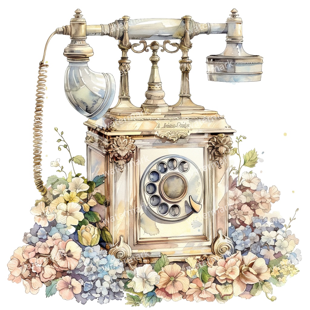 【商用利用可】ヨーロッパ風アンティーク電話(水彩ヴィンテージテレフォン)クリップアート13点セット|高解像度・透過PNG|レトロ雑貨・コラージュ・ジャンクジャーナル素材|即ダウンロード
