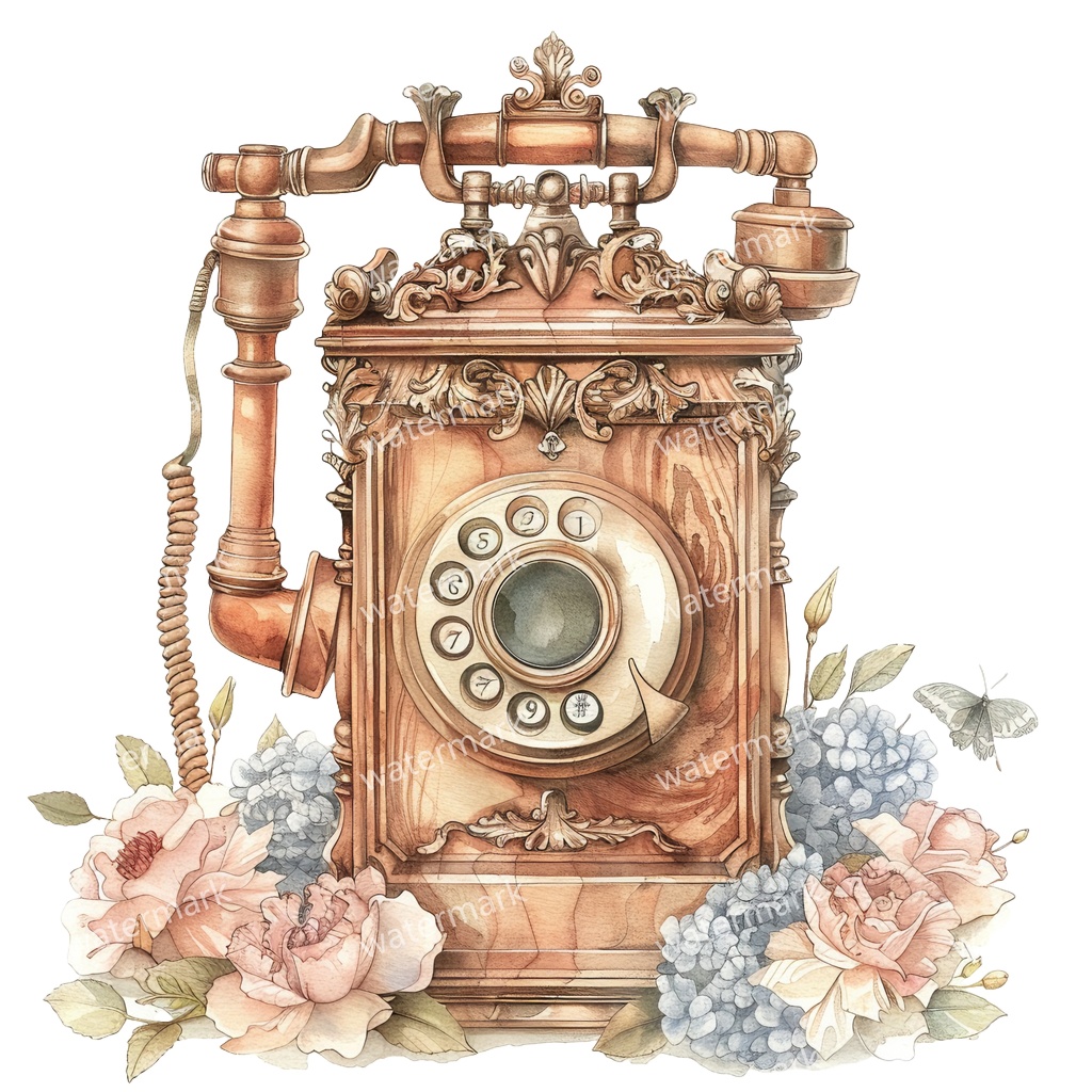 【商用利用可】ヨーロッパ風アンティーク電話(水彩ヴィンテージテレフォン)クリップアート13点セット|高解像度・透過PNG|レトロ雑貨・コラージュ・ジャンクジャーナル素材|即ダウンロード