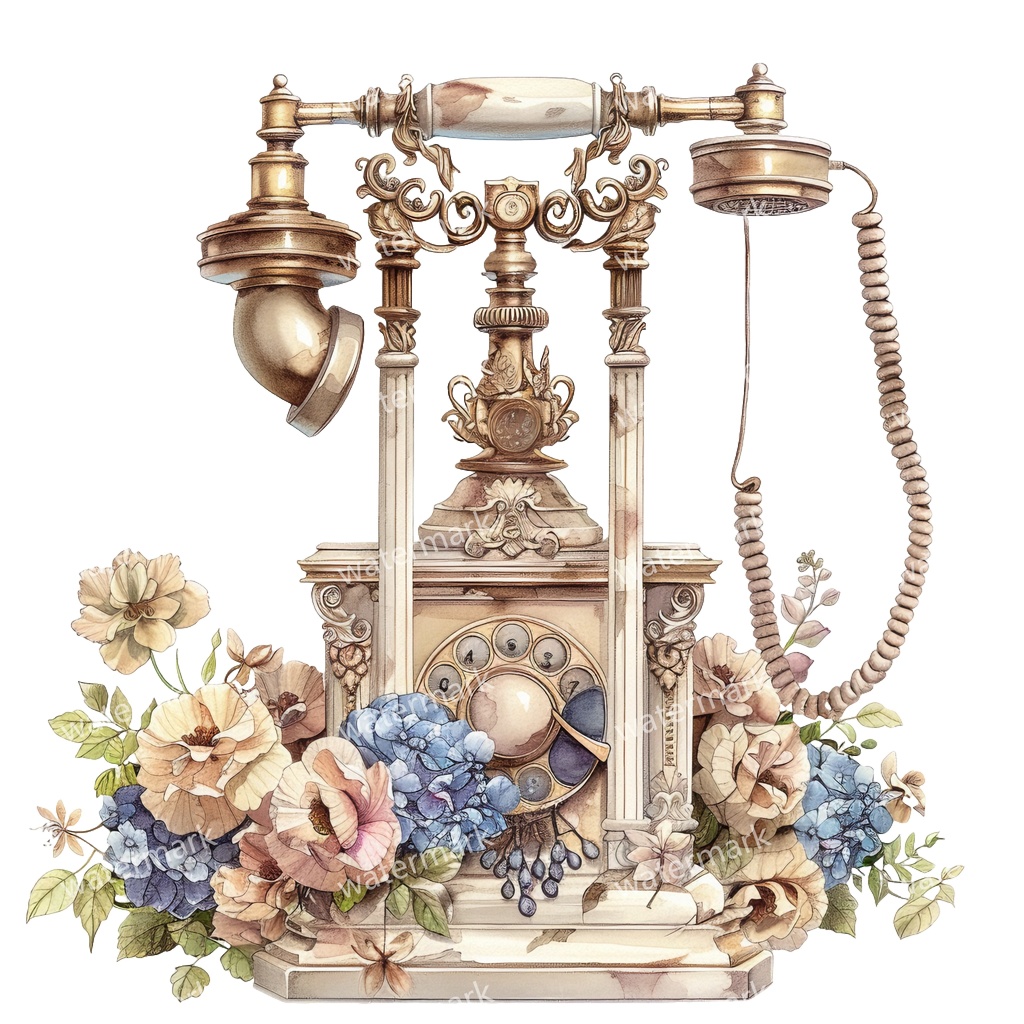 【商用利用可】ヨーロッパ風アンティーク電話(水彩ヴィンテージテレフォン)クリップアート13点セット|高解像度・透過PNG|レトロ雑貨・コラージュ・ジャンクジャーナル素材|即ダウンロード