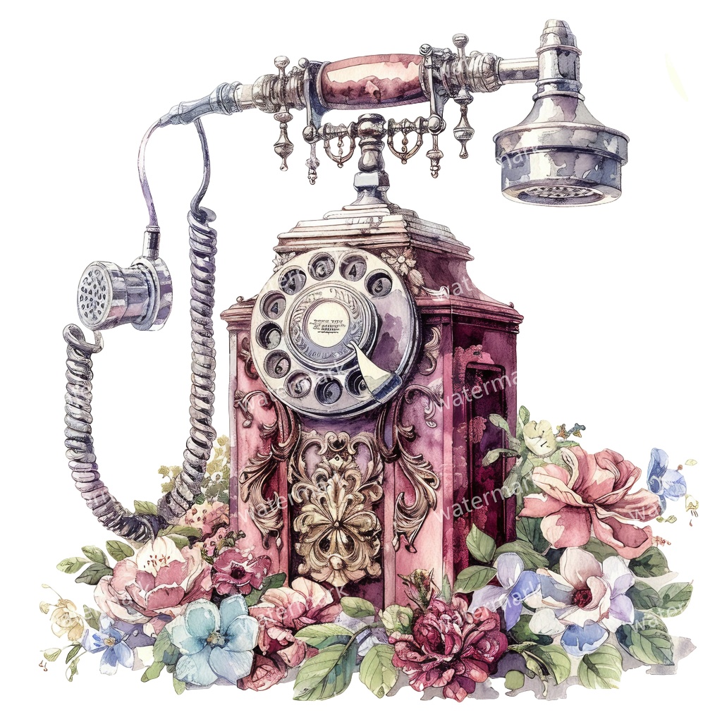 【商用利用可】ヨーロッパ風アンティーク電話(水彩ヴィンテージテレフォン)クリップアート13点セット|高解像度・透過PNG|レトロ雑貨・コラージュ・ジャンクジャーナル素材|即ダウンロード