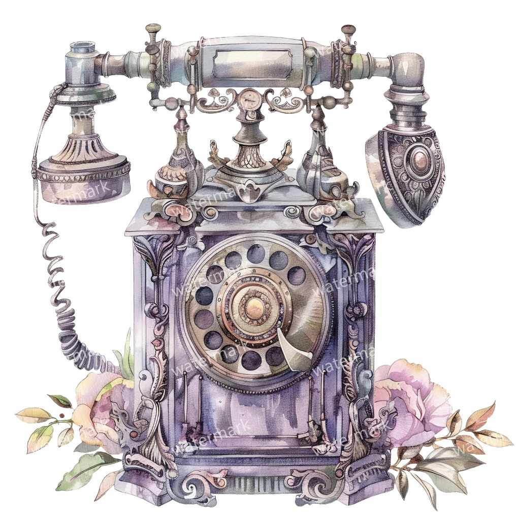 【商用利用可】ヨーロッパ風アンティーク電話(水彩ヴィンテージテレフォン)クリップアート13点セット|高解像度・透過PNG|レトロ雑貨・コラージュ・ジャンクジャーナル素材|即ダウンロード