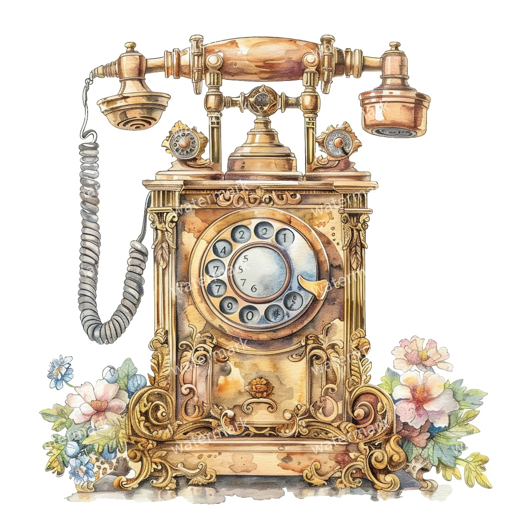 【商用利用可】ヨーロッパ風アンティーク電話(水彩ヴィンテージテレフォン)クリップアート13点セット|高解像度・透過PNG|レトロ雑貨・コラージュ・ジャンクジャーナル素材|即ダウンロード