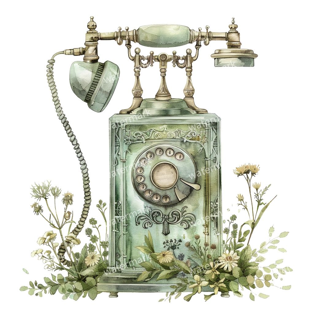【商用利用可】ヨーロッパ風アンティーク電話(水彩ヴィンテージテレフォン)クリップアート13点セット|高解像度・透過PNG|レトロ雑貨・コラージュ・ジャンクジャーナル素材|即ダウンロード