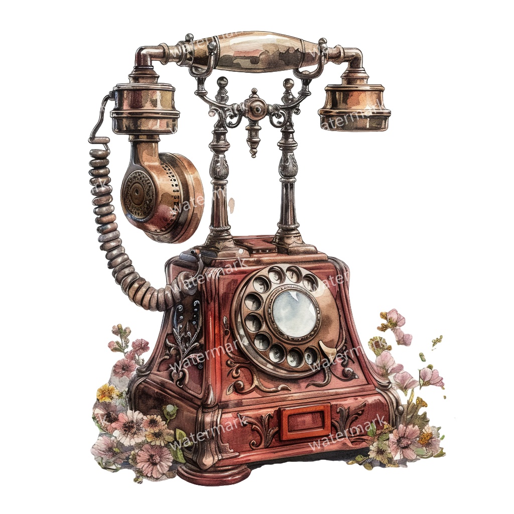 【商用利用可】ヨーロッパ風アンティーク電話(水彩ヴィンテージテレフォン)クリップアート13点セット|高解像度・透過PNG|レトロ雑貨・コラージュ・ジャンクジャーナル素材|即ダウンロード