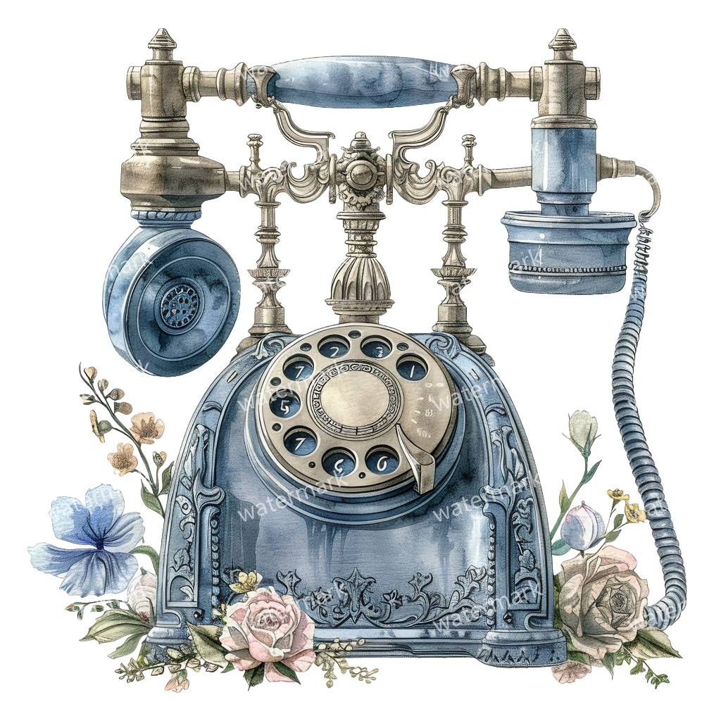 【商用利用可】ヨーロッパ風アンティーク電話（水彩ヴィンテージテレフォン）クリップアート13点セット｜高解像度・透過PNG｜レトロ雑貨・コラージュ・ジャンクジャーナル素材｜即ダウンロード
