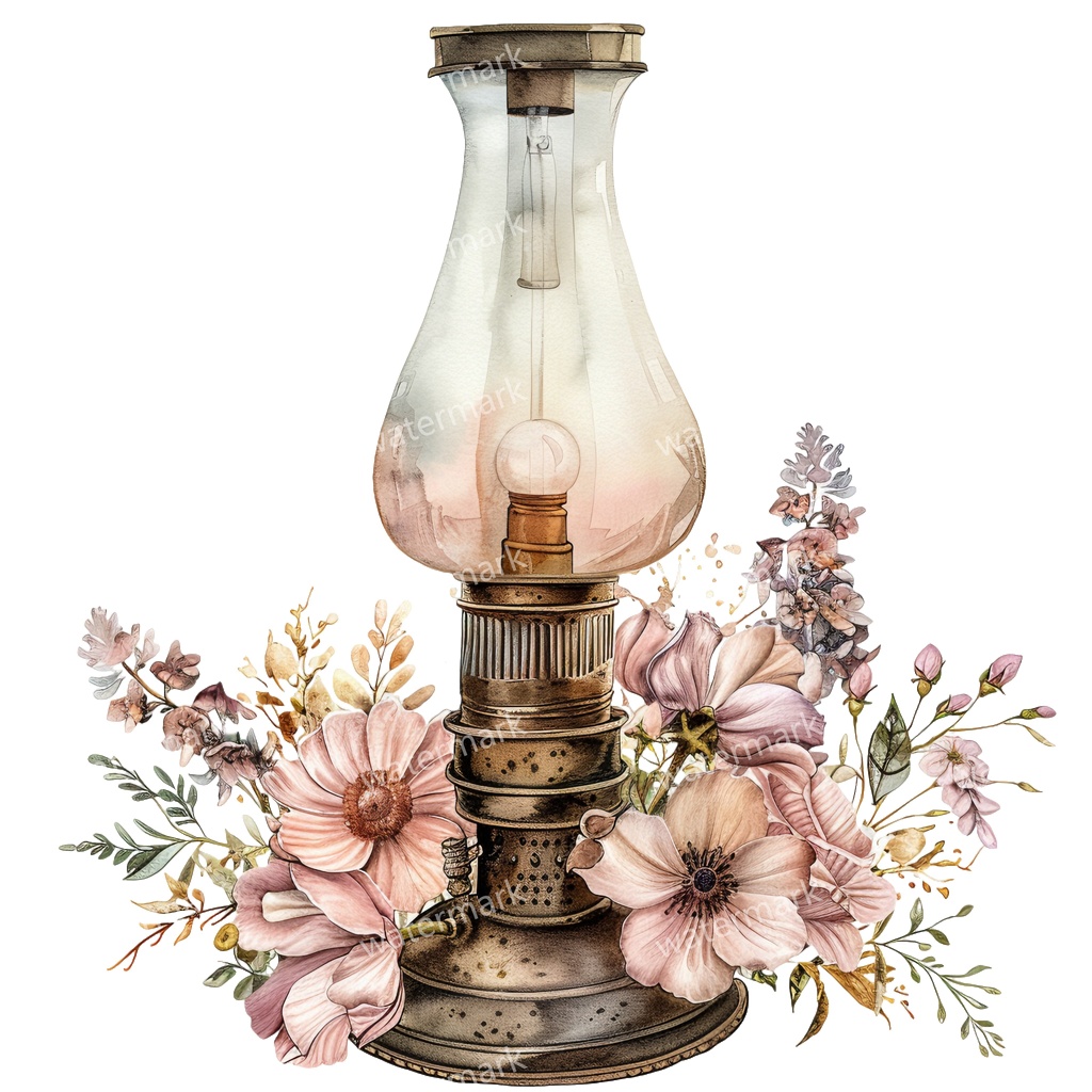 【商用利用可】ヴィンテージオイルランプ(水彩アンティークランタン)クリップアート12点セット|高解像度・透過PNG|レトロ照明・コラージュ・ジャンクジャーナル素材|即ダウンロード