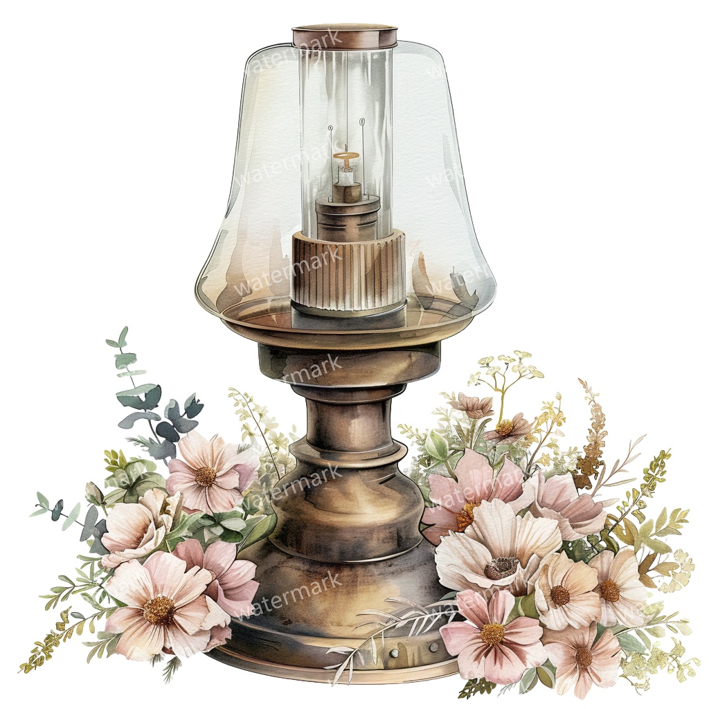 【商用利用可】ヴィンテージオイルランプ(水彩アンティークランタン)クリップアート12点セット|高解像度・透過PNG|レトロ照明・コラージュ・ジャンクジャーナル素材|即ダウンロード