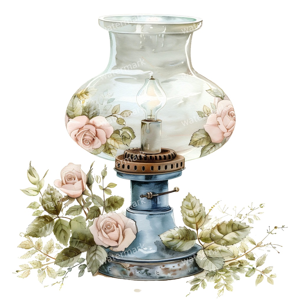 【商用利用可】ヴィンテージオイルランプ(水彩アンティークランタン)クリップアート12点セット|高解像度・透過PNG|レトロ照明・コラージュ・ジャンクジャーナル素材|即ダウンロード
