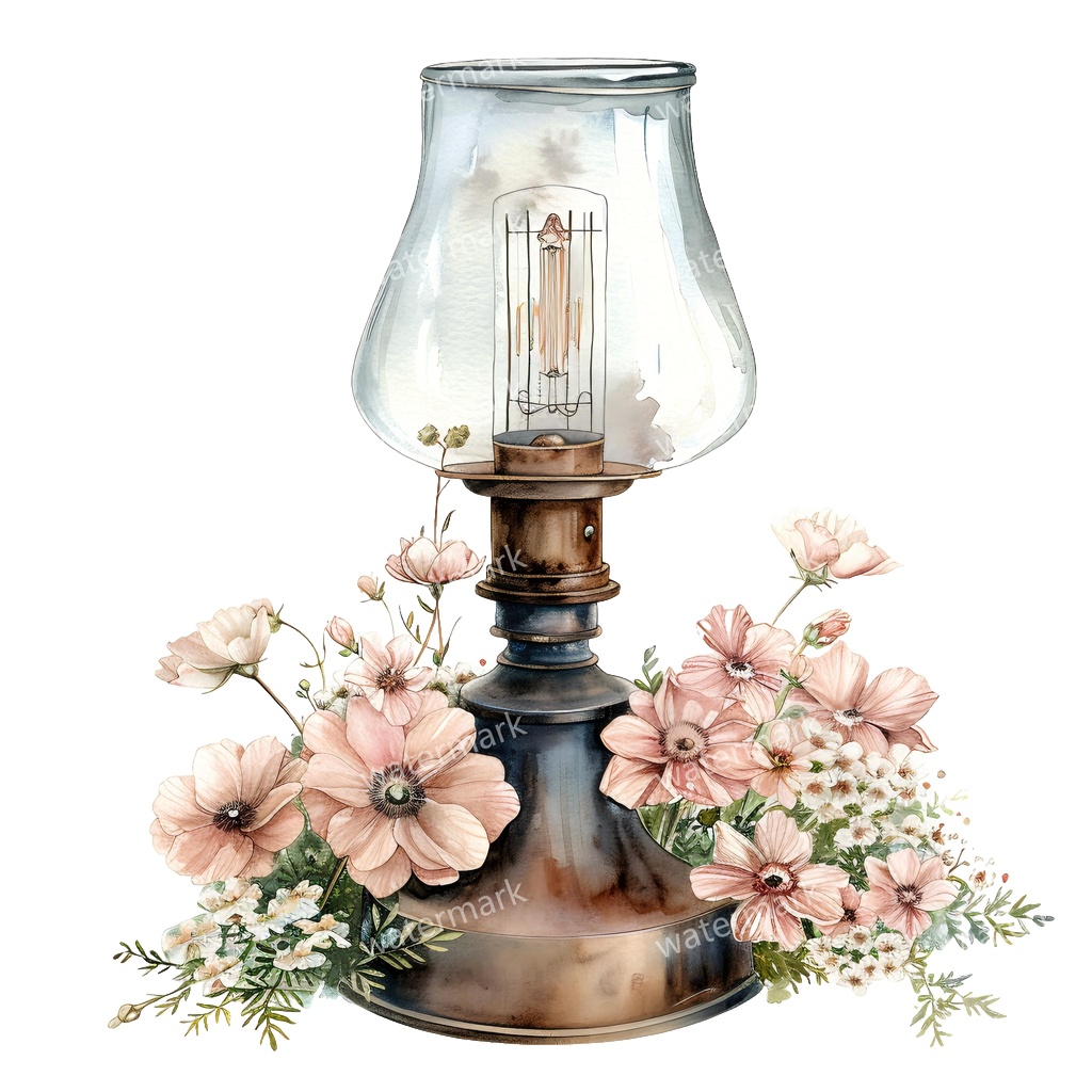 【商用利用可】ヴィンテージオイルランプ（水彩アンティークランタン）クリップアート12点セット｜高解像度・透過PNG｜レトロ照明・コラージュ・ジャンクジャーナル素材｜即ダウンロード