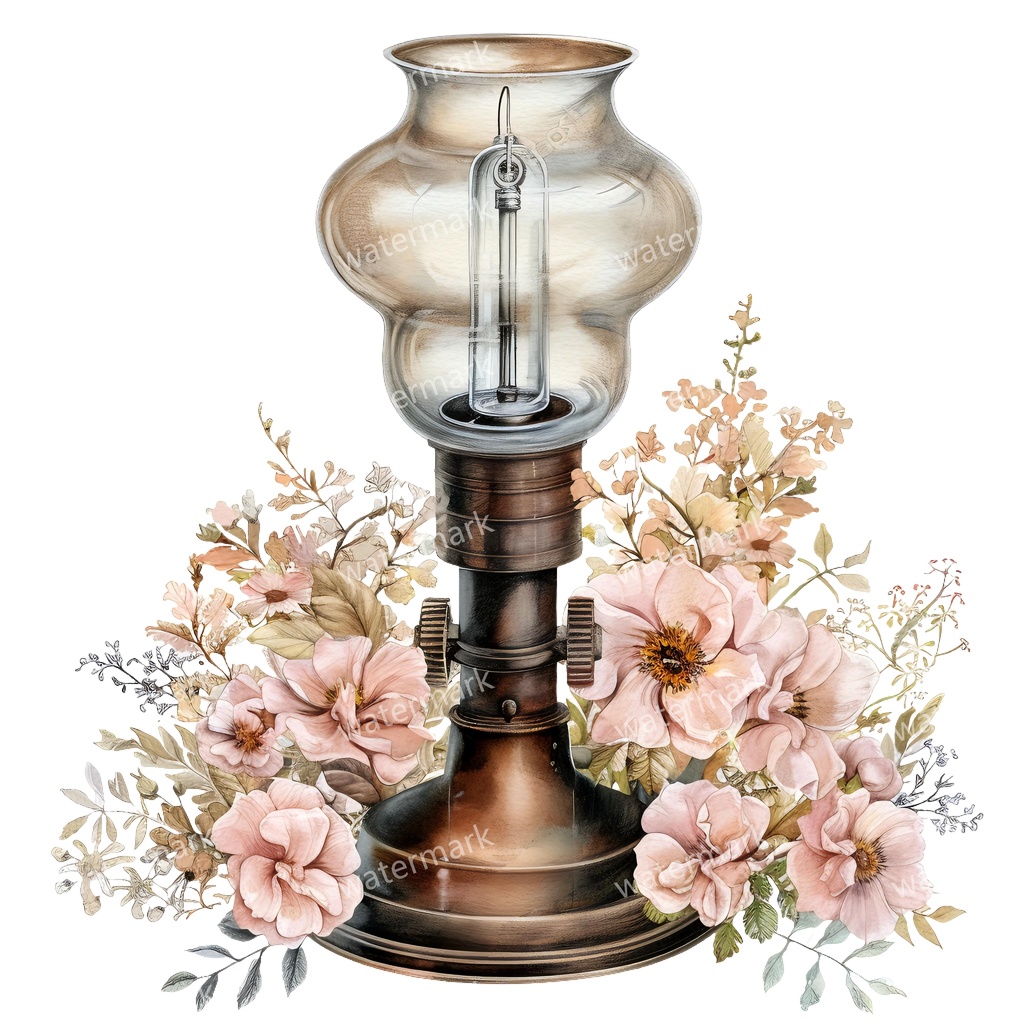 【商用利用可】ヴィンテージオイルランプ(水彩アンティークランタン)クリップアート12点セット|高解像度・透過PNG|レトロ照明・コラージュ・ジャンクジャーナル素材|即ダウンロード