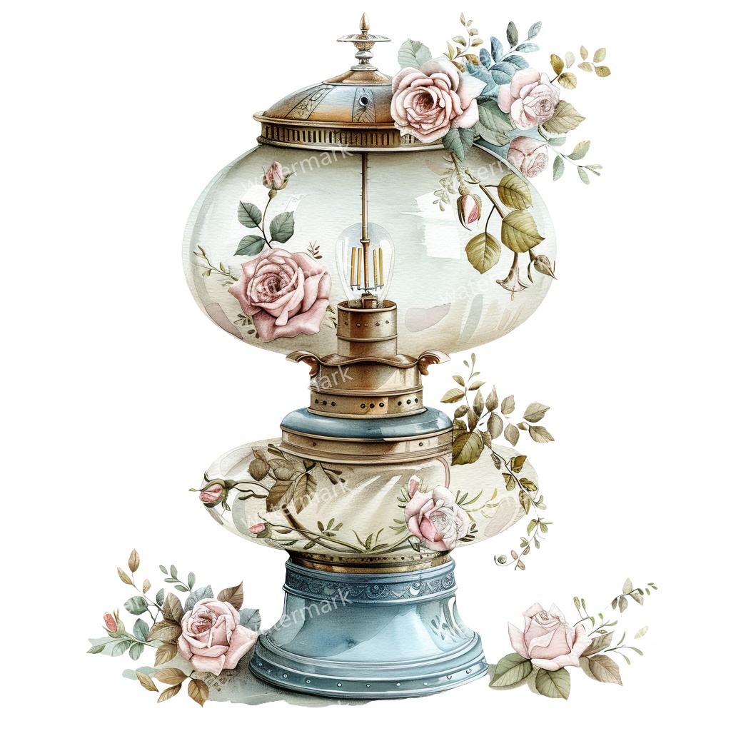 【商用利用可】ヴィンテージオイルランプ(水彩アンティークランタン)クリップアート12点セット|高解像度・透過PNG|レトロ照明・コラージュ・ジャンクジャーナル素材|即ダウンロード