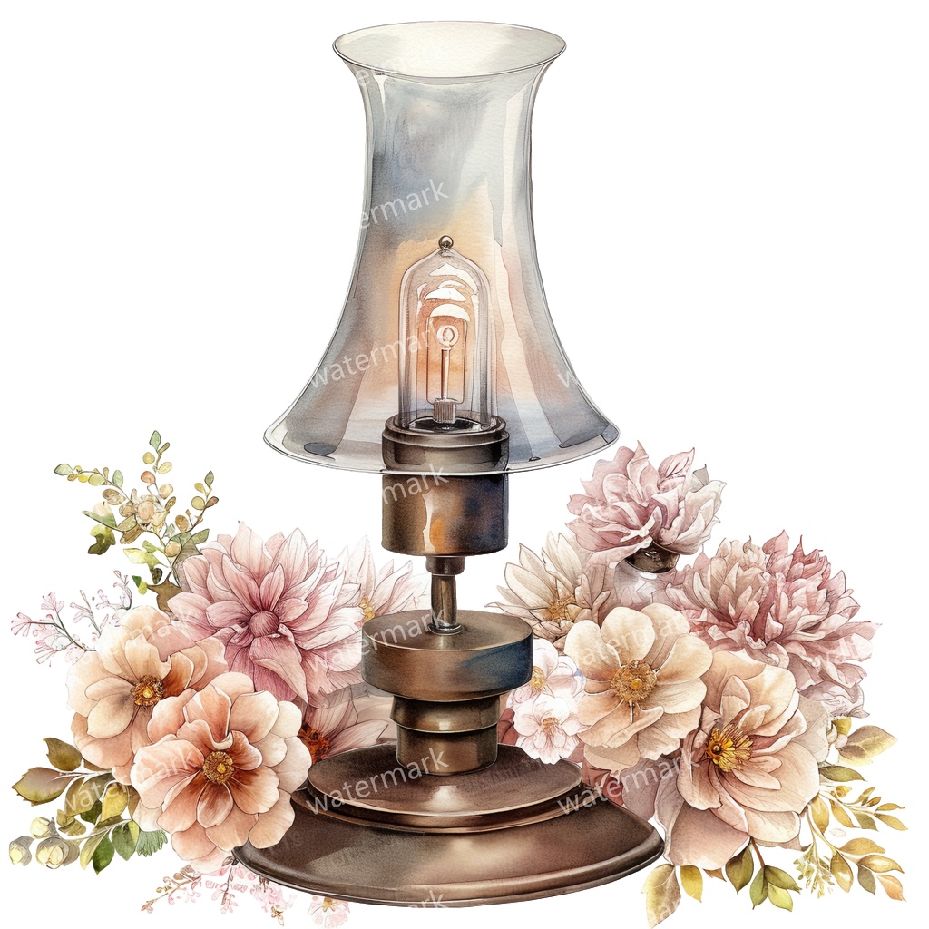 【商用利用可】ヴィンテージオイルランプ(水彩アンティークランタン)クリップアート12点セット|高解像度・透過PNG|レトロ照明・コラージュ・ジャンクジャーナル素材|即ダウンロード