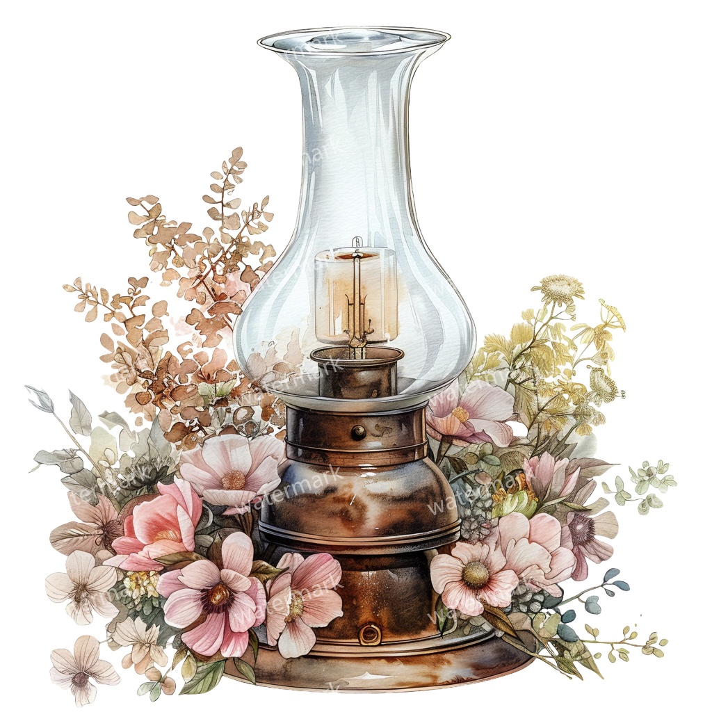 【商用利用可】ヴィンテージオイルランプ(水彩アンティークランタン)クリップアート12点セット|高解像度・透過PNG|レトロ照明・コラージュ・ジャンクジャーナル素材|即ダウンロード