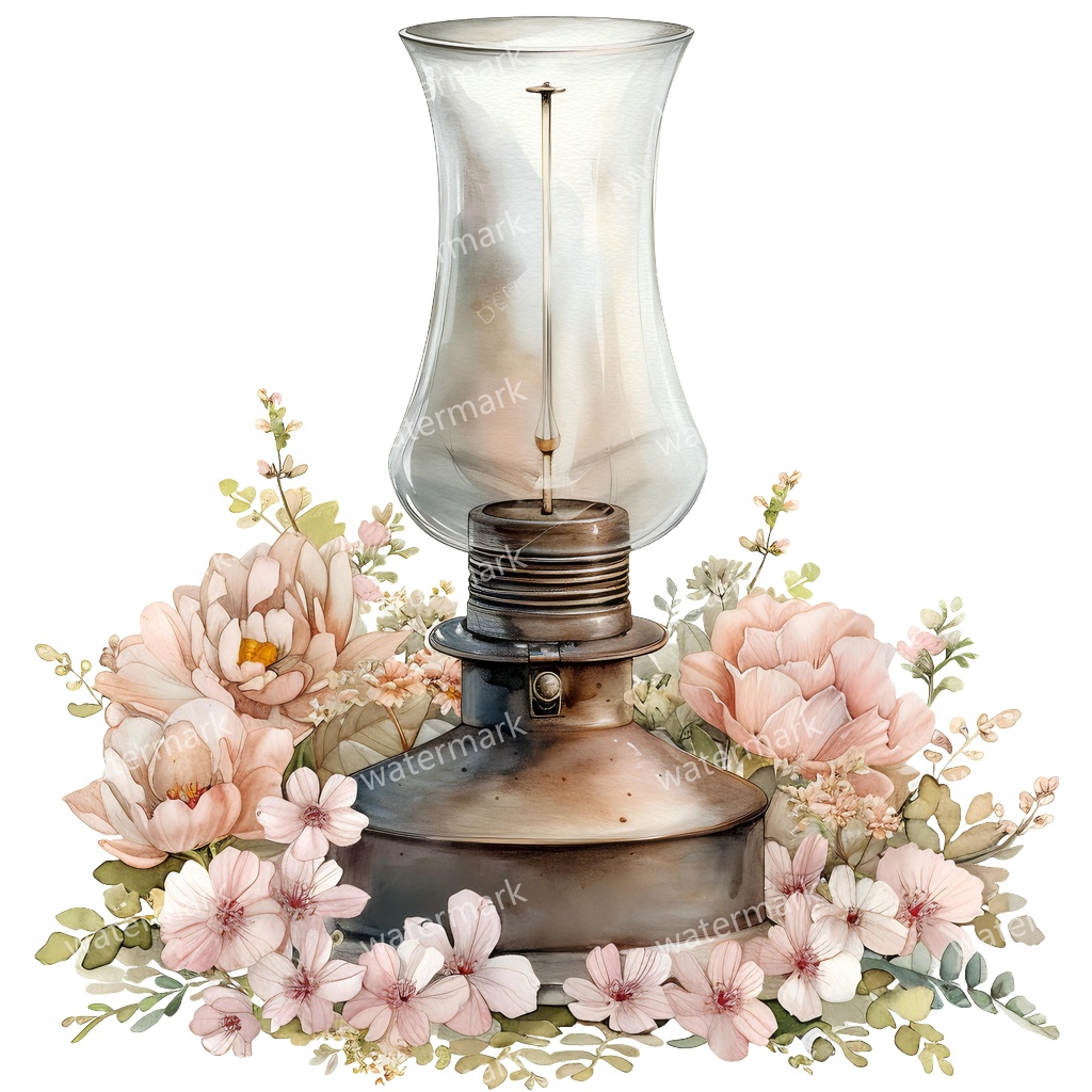 【商用利用可】ヴィンテージオイルランプ(水彩アンティークランタン)クリップアート12点セット|高解像度・透過PNG|レトロ照明・コラージュ・ジャンクジャーナル素材|即ダウンロード