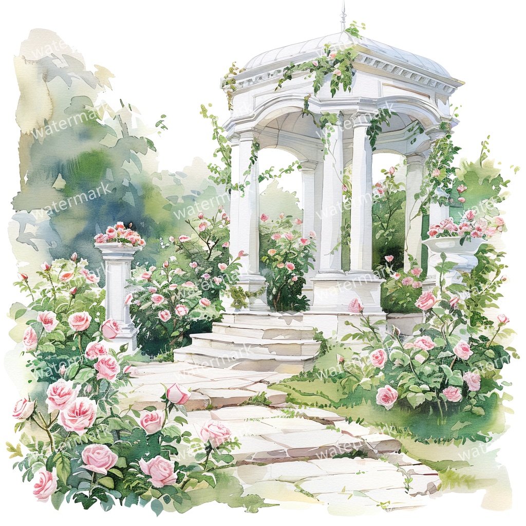 【商用利用可】白いガーデンパビリオン(水彩ガゼボ)クリップアート19点セット|高解像度・透過PNG|庭園・ナチュラル風景|コラージュ・ジャンクジャーナル素材|即ダウンロード