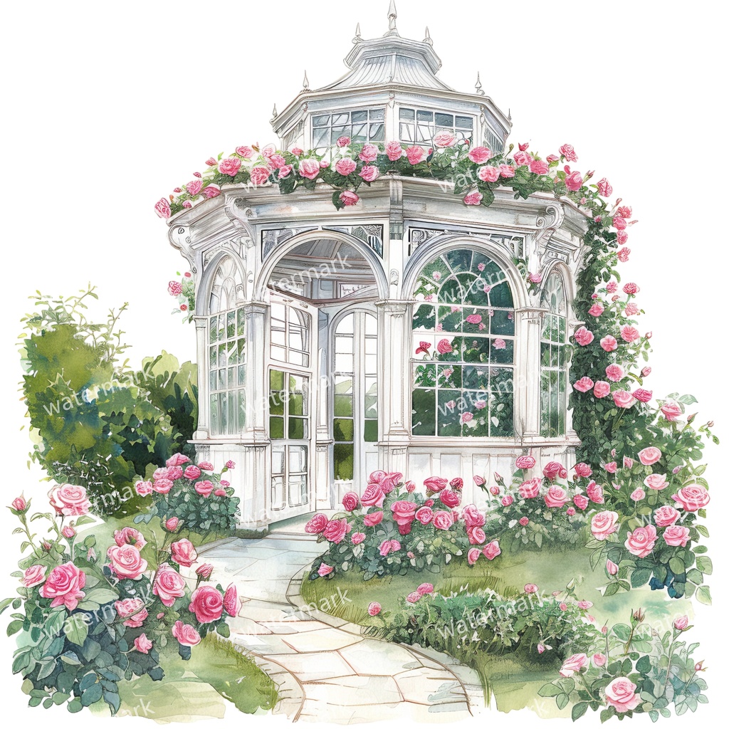 【商用利用可】白いガーデンパビリオン(水彩ガゼボ)クリップアート19点セット|高解像度・透過PNG|庭園・ナチュラル風景|コラージュ・ジャンクジャーナル素材|即ダウンロード