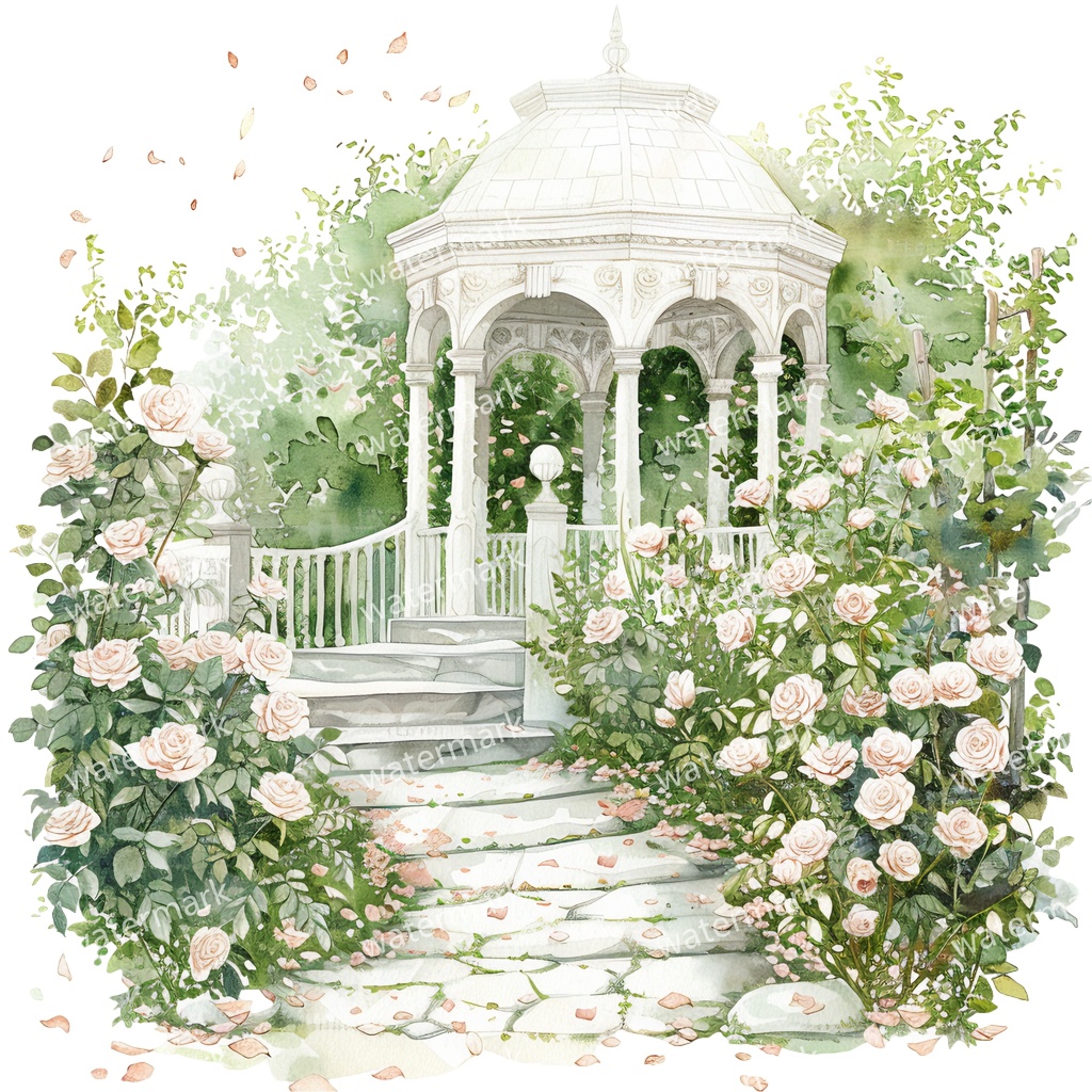 【商用利用可】白いガーデンパビリオン(水彩ガゼボ)クリップアート19点セット|高解像度・透過PNG|庭園・ナチュラル風景|コラージュ・ジャンクジャーナル素材|即ダウンロード