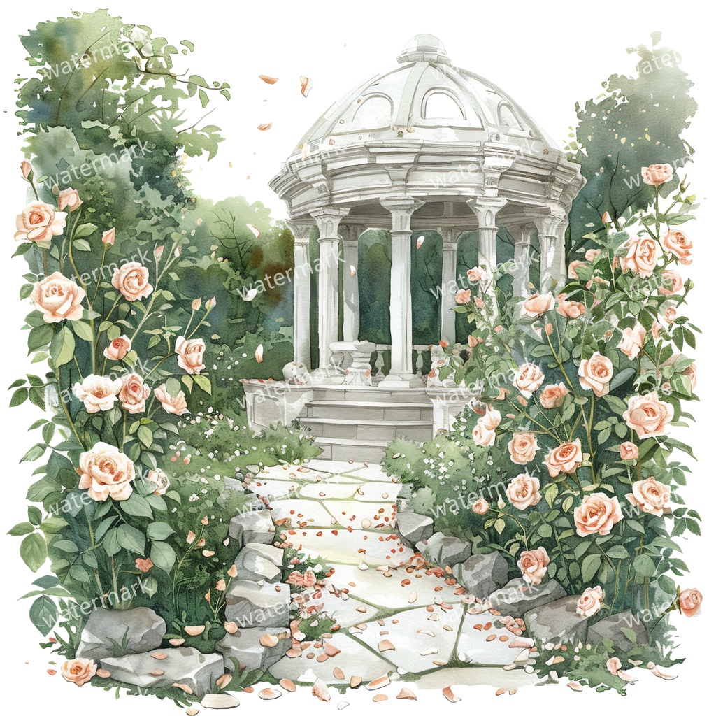 【商用利用可】白いガーデンパビリオン(水彩ガゼボ)クリップアート19点セット|高解像度・透過PNG|庭園・ナチュラル風景|コラージュ・ジャンクジャーナル素材|即ダウンロード