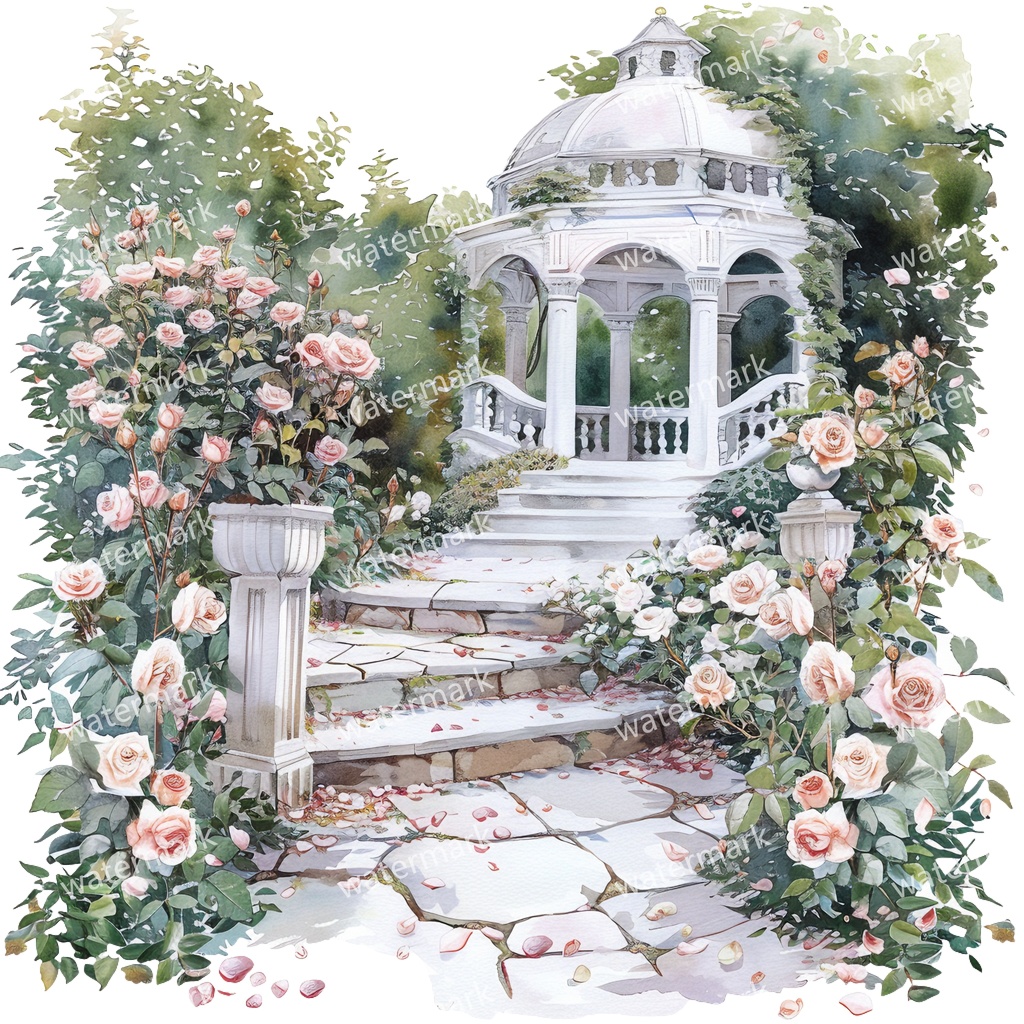【商用利用可】白いガーデンパビリオン(水彩ガゼボ)クリップアート19点セット|高解像度・透過PNG|庭園・ナチュラル風景|コラージュ・ジャンクジャーナル素材|即ダウンロード