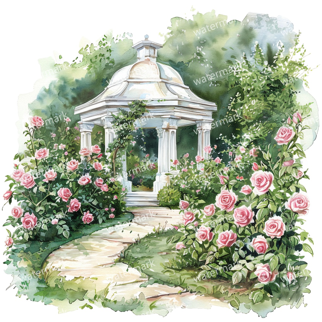 【商用利用可】白いガーデンパビリオン(水彩ガゼボ)クリップアート19点セット|高解像度・透過PNG|庭園・ナチュラル風景|コラージュ・ジャンクジャーナル素材|即ダウンロード