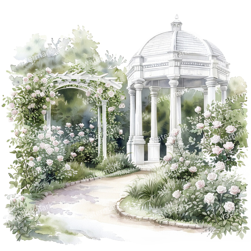 【商用利用可】白いガーデンパビリオン(水彩ガゼボ)クリップアート19点セット|高解像度・透過PNG|庭園・ナチュラル風景|コラージュ・ジャンクジャーナル素材|即ダウンロード