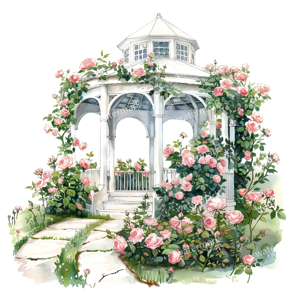 【商用利用可】白いガーデンパビリオン(水彩ガゼボ)クリップアート19点セット|高解像度・透過PNG|庭園・ナチュラル風景|コラージュ・ジャンクジャーナル素材|即ダウンロード