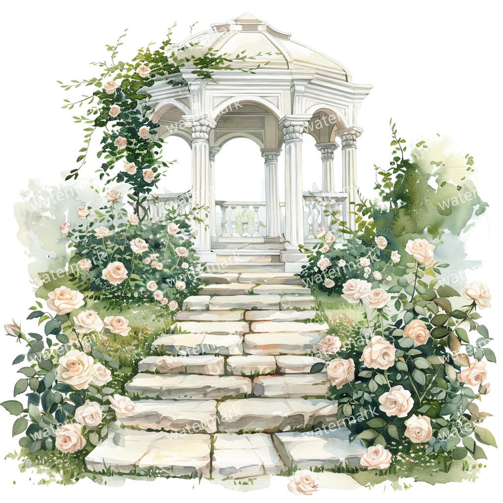 【商用利用可】白いガーデンパビリオン（水彩ガゼボ）クリップアート19点セット｜高解像度・透過PNG｜庭園・ナチュラル風景｜コラージュ・ジャンクジャーナル素材｜即ダウンロード