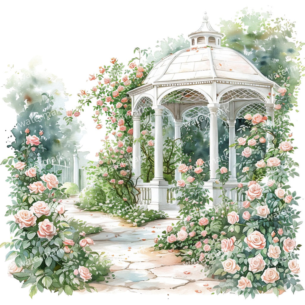 【商用利用可】白いガーデンパビリオン(水彩ガゼボ)クリップアート19点セット|高解像度・透過PNG|庭園・ナチュラル風景|コラージュ・ジャンクジャーナル素材|即ダウンロード