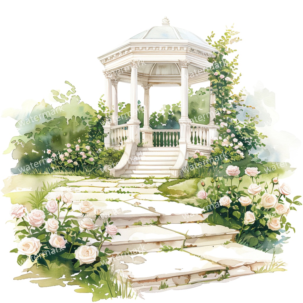 【商用利用可】白いガーデンパビリオン(水彩ガゼボ)クリップアート19点セット|高解像度・透過PNG|庭園・ナチュラル風景|コラージュ・ジャンクジャーナル素材|即ダウンロード