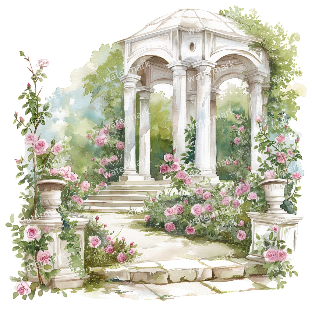 【商用利用可】白いガーデンパビリオン(水彩ガゼボ)クリップアート19点セット|高解像度・透過PNG|庭園・ナチュラル風景|コラージュ・ジャンクジャーナル素材|即ダウンロード