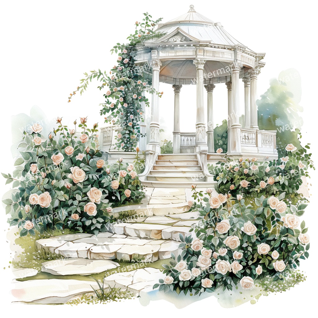 【商用利用可】白いガーデンパビリオン(水彩ガゼボ)クリップアート19点セット|高解像度・透過PNG|庭園・ナチュラル風景|コラージュ・ジャンクジャーナル素材|即ダウンロード