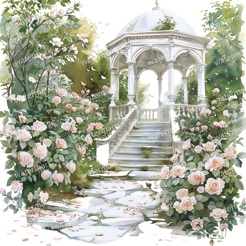 【商用利用可】白いガーデンパビリオン(水彩ガゼボ)クリップアート19点セット|高解像度・透過PNG|庭園・ナチュラル風景|コラージュ・ジャンクジャーナル素材|即ダウンロード