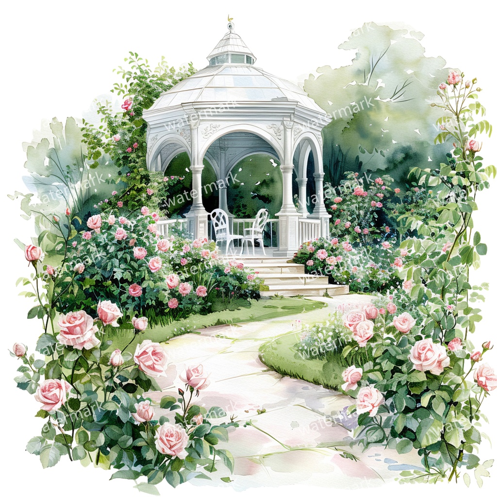 【商用利用可】白いガーデンパビリオン(水彩ガゼボ)クリップアート19点セット|高解像度・透過PNG|庭園・ナチュラル風景|コラージュ・ジャンクジャーナル素材|即ダウンロード