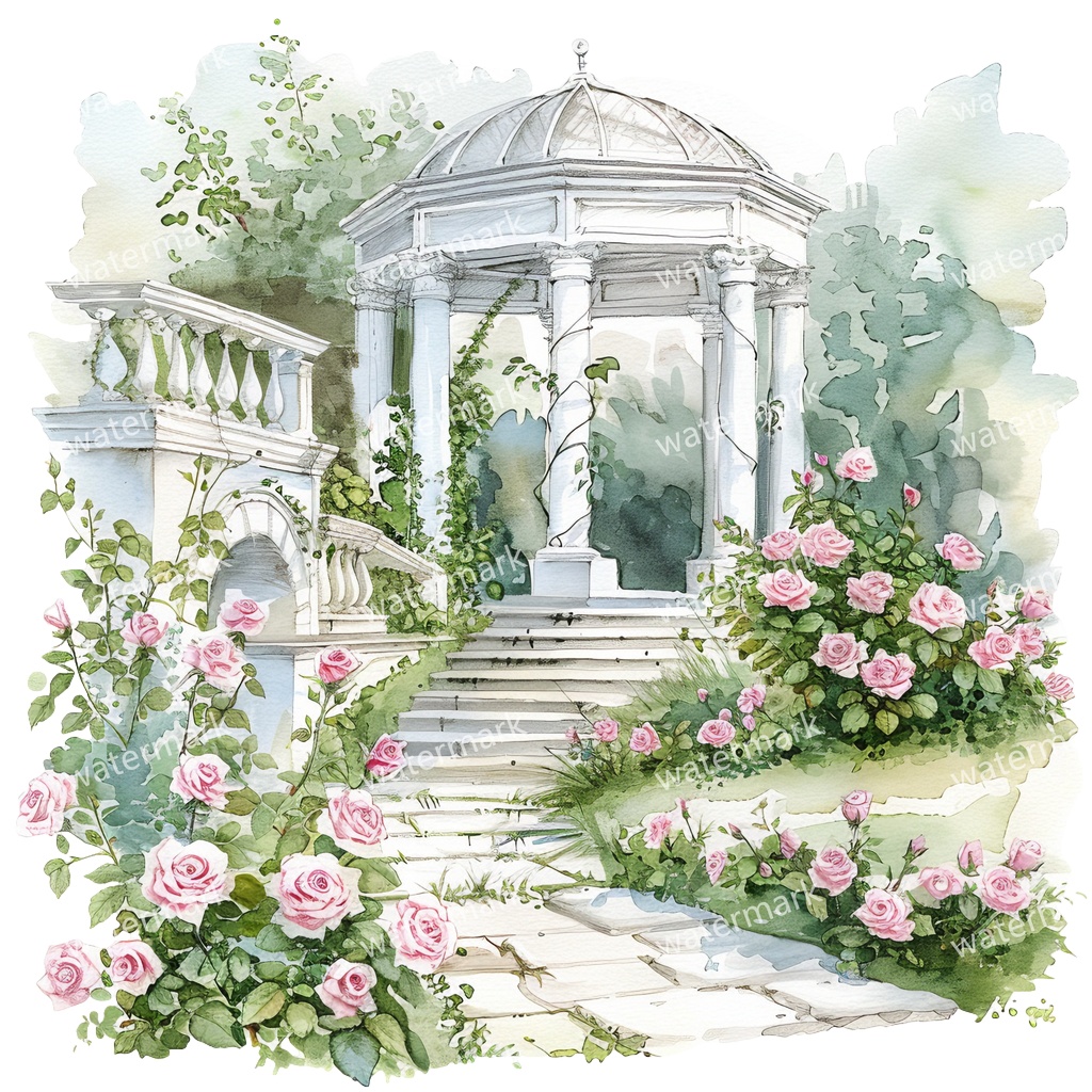 【商用利用可】白いガーデンパビリオン(水彩ガゼボ)クリップアート19点セット|高解像度・透過PNG|庭園・ナチュラル風景|コラージュ・ジャンクジャーナル素材|即ダウンロード