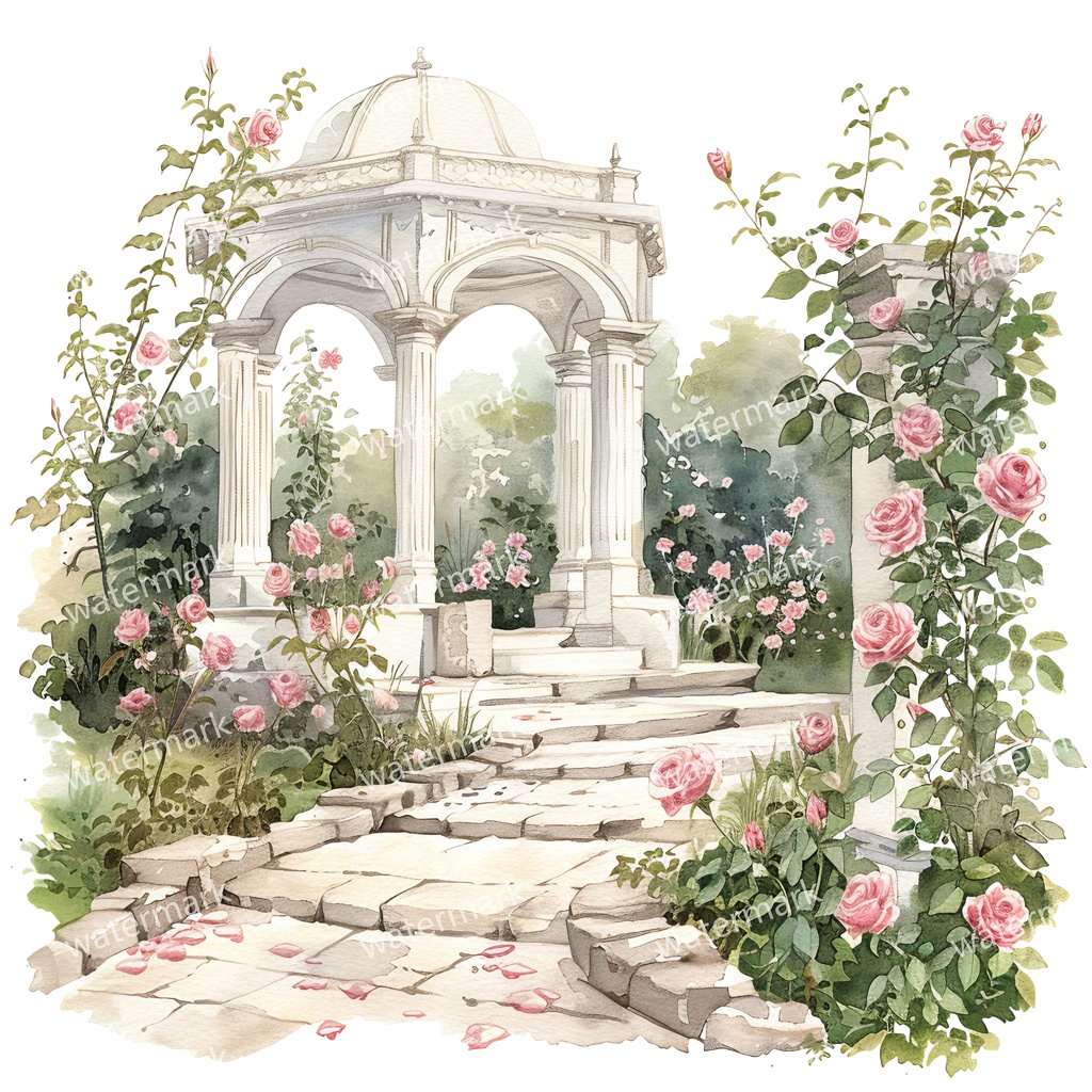 【商用利用可】白いガーデンパビリオン(水彩ガゼボ)クリップアート19点セット|高解像度・透過PNG|庭園・ナチュラル風景|コラージュ・ジャンクジャーナル素材|即ダウンロード