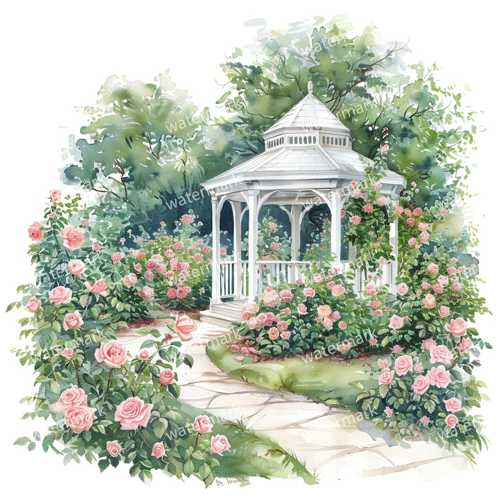 【商用利用可】白いガーデンパビリオン(水彩ガゼボ)クリップアート19点セット|高解像度・透過PNG|庭園・ナチュラル風景|コラージュ・ジャンクジャーナル素材|即ダウンロード