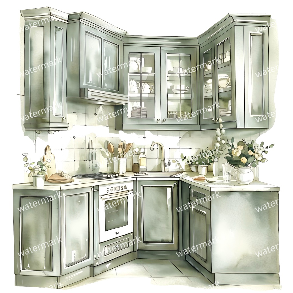 【商用利用可】ヨーロッパ風キッチンコーナー（水彩インテリア）クリップアート20点セット｜高解像度・透過PNG｜ナチュラルキッチン・コラージュ・ジャンクジャーナル素材｜即ダウンロード