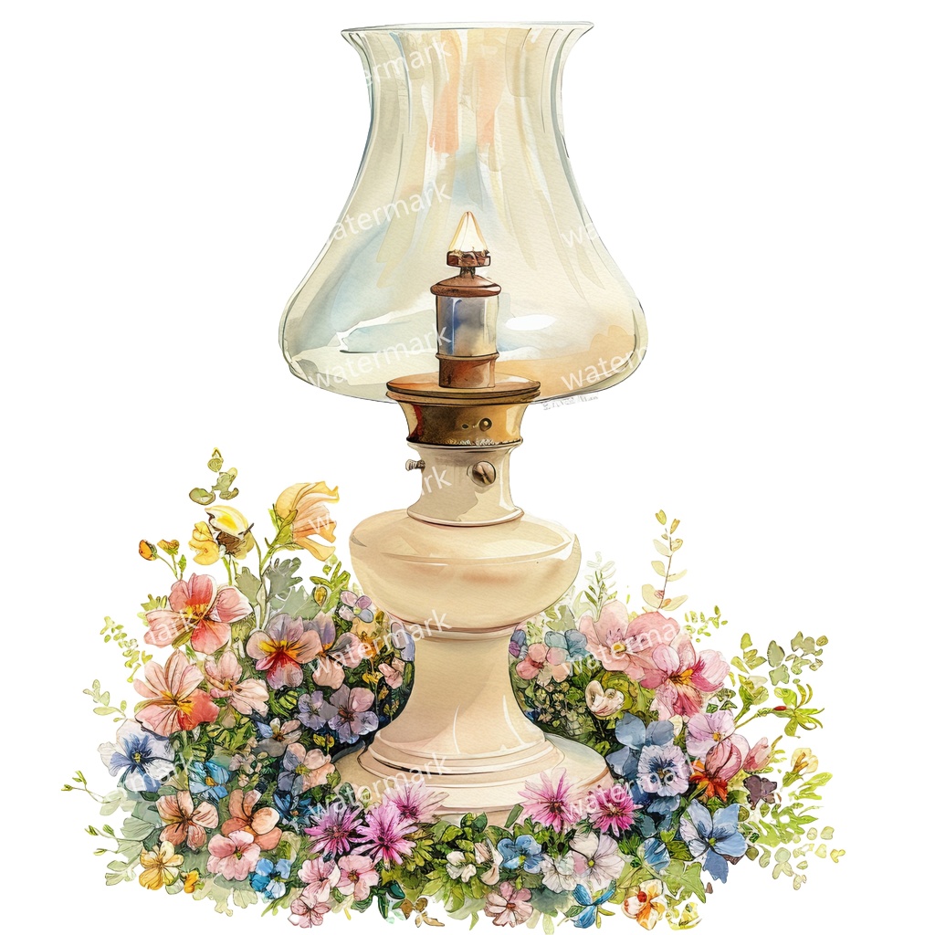 【商用利用可】ヴィンテージオイルランプ(水彩アンティークランタン)クリップアート18点セット|高解像度・透過PNG|レトロ照明・コラージュ・ジャンクジャーナル素材|即ダウンロード