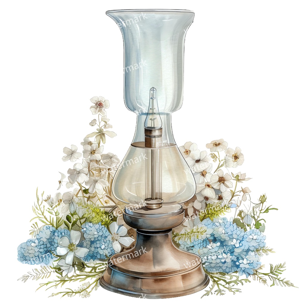 【商用利用可】ヴィンテージオイルランプ(水彩アンティークランタン)クリップアート18点セット|高解像度・透過PNG|レトロ照明・コラージュ・ジャンクジャーナル素材|即ダウンロード